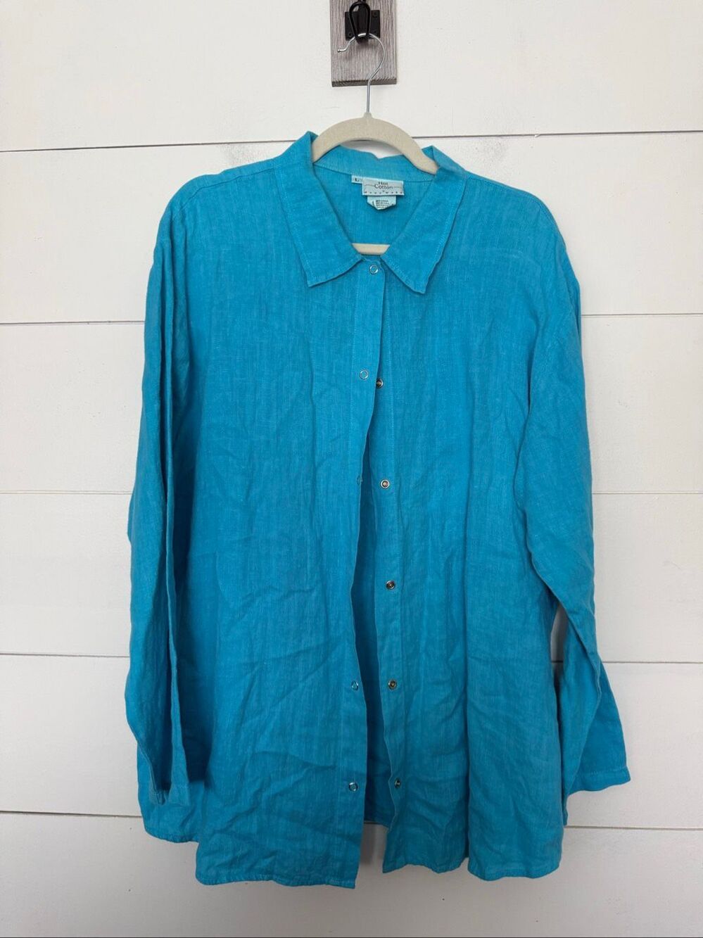 Hot Cotton Women’s Large Blue 100% Linen Button Down LagenLook Minimalist Top
